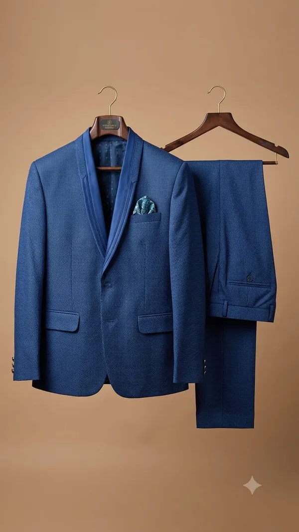 A_vibrant_royal_blue_fabric_featuring_a_fine,_subtle_geometric_micro-pattern_COAT_pant_set_