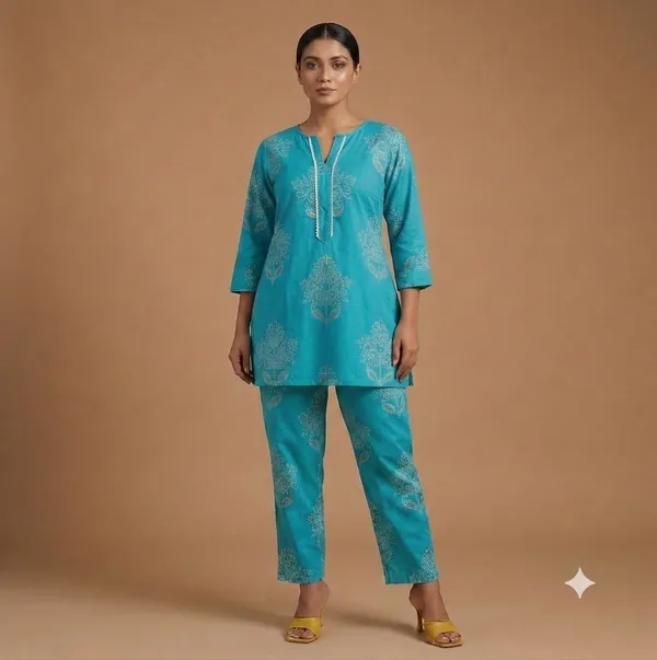 A_vibrant_turquoise_blue_cotton_co-ord_set_