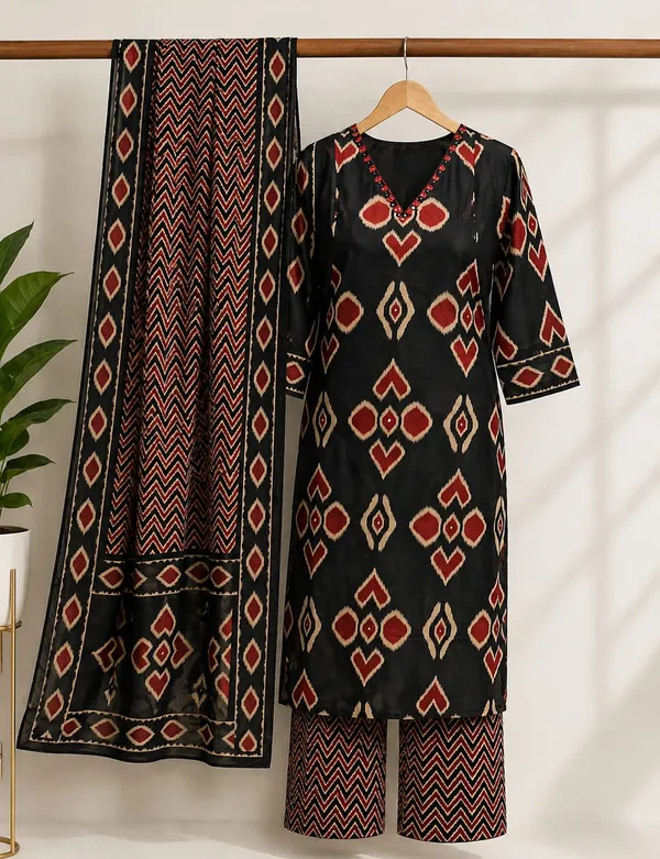 Black_Ethnic_Ikat_Print_Kurta_Set_With_Dupatta_3_Piece_Suit_For_Women