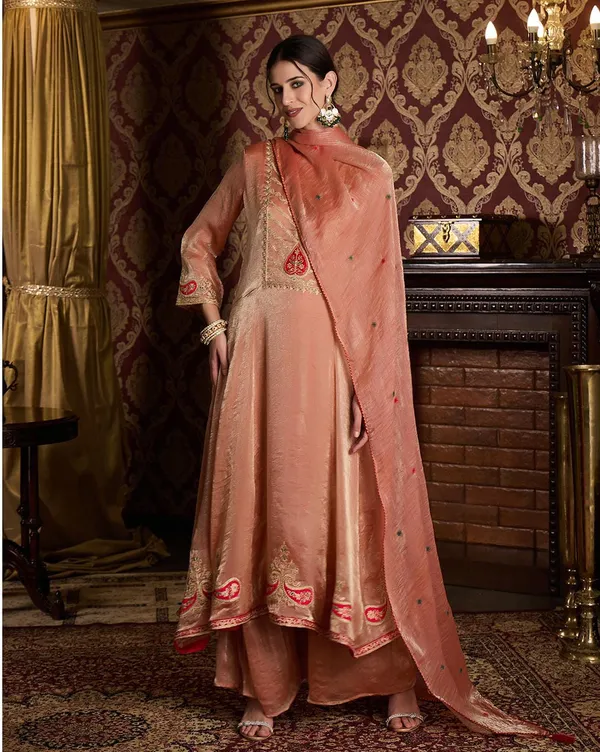CHHAAP_Printed_Peach_Applique_Embroidered_Chiffon_kurta_set_