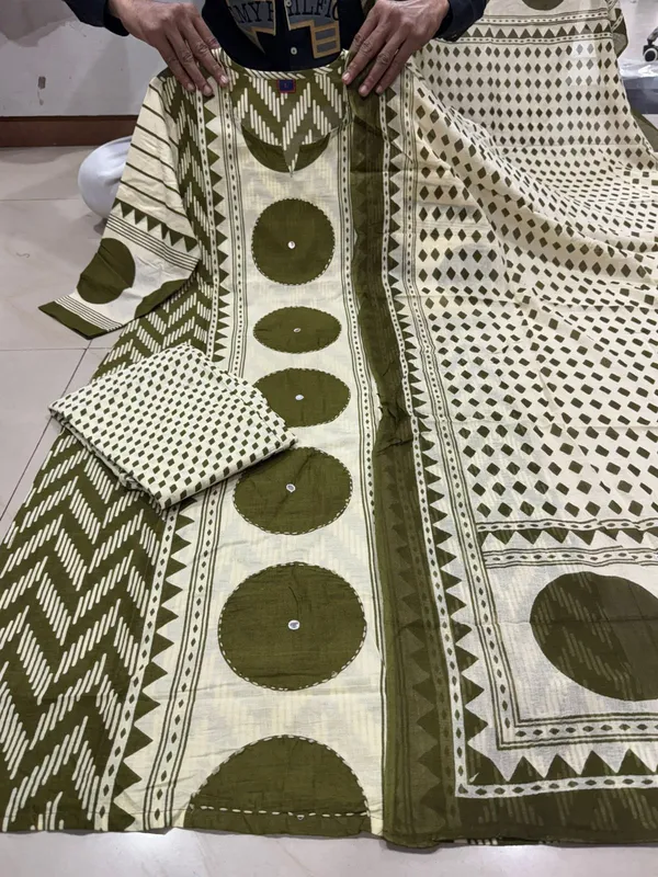Olive_Green_And_Cream_Block_Print_Suit_Set_With_Dupatta_For_Women