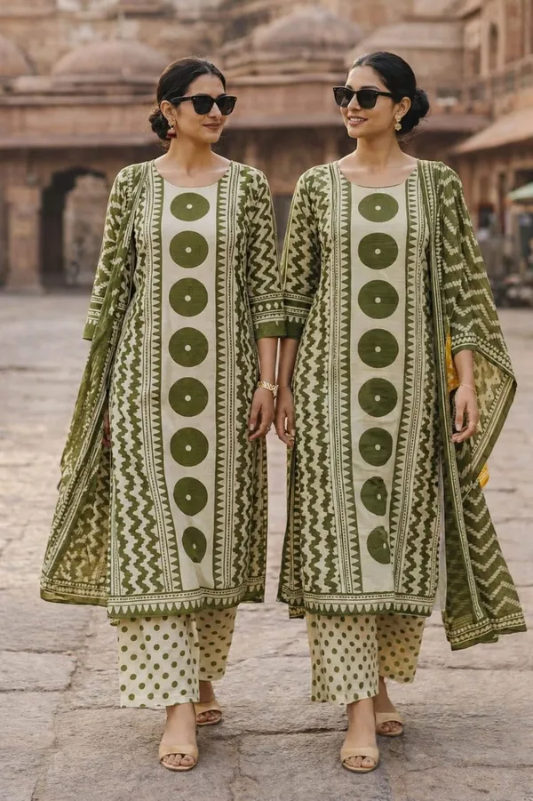 Olive_Green_And_Cream_Block_Print_Suit_Set_With_Dupatta_For_Women