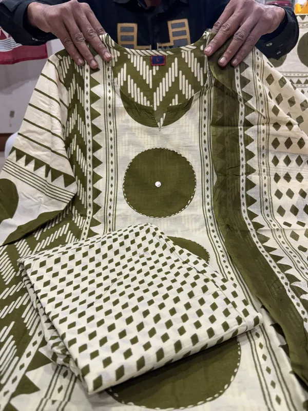 Olive_Green_And_Cream_Block_Print_Suit_Set_With_Dupatta_For_Women