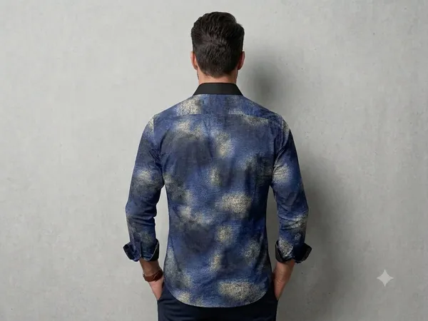 Print:_The_shirt_features_an_abstract_print_dominated_by_deep_indigo_and_classic_blue_tones._