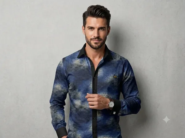 Print:_The_shirt_features_an_abstract_print_dominated_by_deep_indigo_and_classic_blue_tones._
