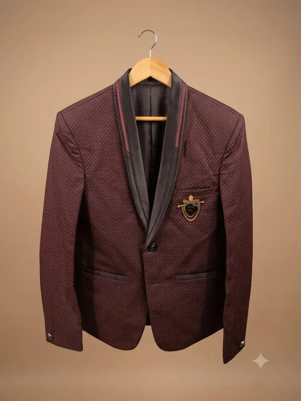 The_blazer_features_a_deep_maroon_base_fabric_decorated_with_a_subtle,_fine_white_micro-dot_or_pin-dot_pattern_throughout.__