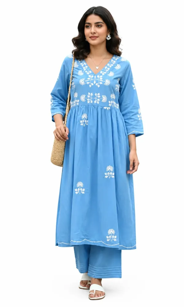 The_elegant_sky-blue_kurta_and_pant_set_features_delicate_white_floral_embroidery_