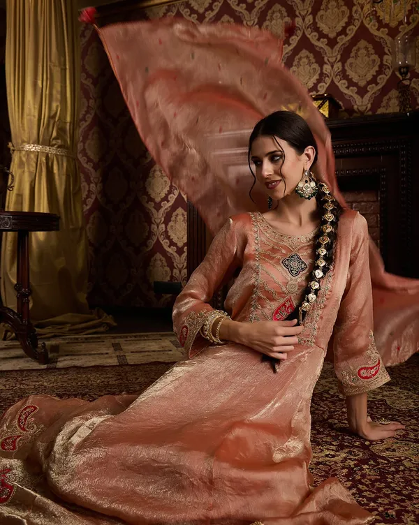 CHHAAP_Printed_Peach_Applique_Embroidered_Chiffon_kurta_set_