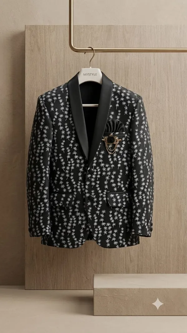 covered_BLAZER_in_an_all-over_intricate_floral_or_branch-like_motif_in_metallic_silver/white,_creating_a_festive,_refined_pattern.__