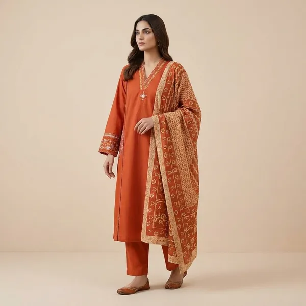 Orange_Embroidered_Ethnic_Suit_Set_With_Printed_Dupatta_For_Women