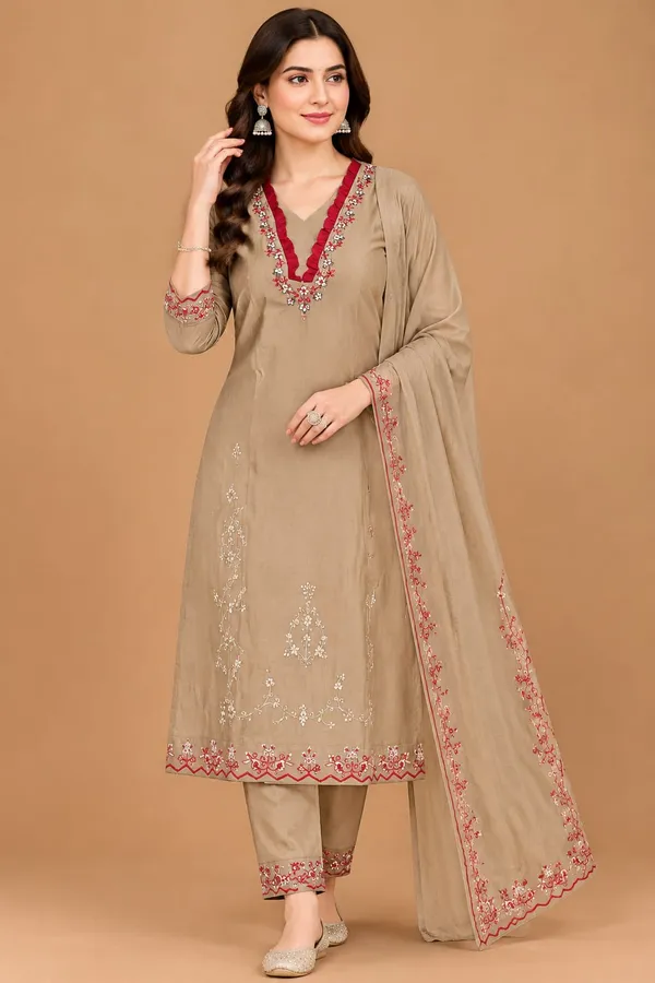 lily&lali_brand_3pcs_suit__Stylish_V-neckline_enhanced_with_deep_maroon_scalloped_lace_and_intricate_floral_embroidery.