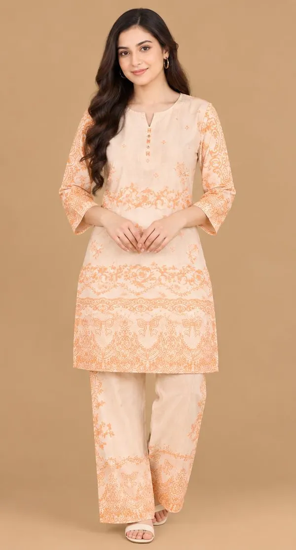 peach-coloured_co-ord_set_featuring_delicate_floral,_ornamental_and_traditional_border_prints.