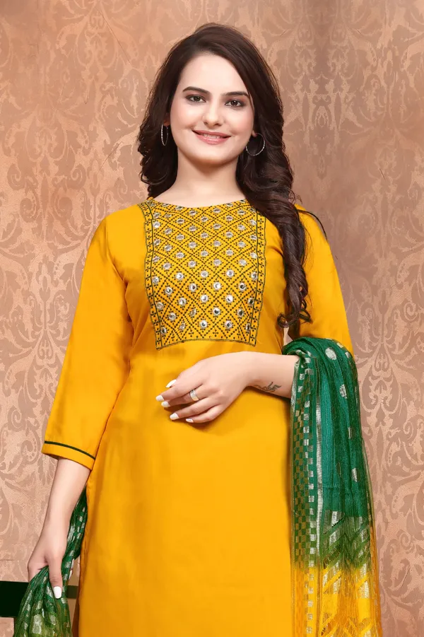 Yellow_Cotton_Embroidered_Kurta_With_Green_Patiala_Set_For_Women