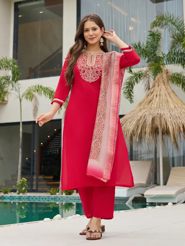 Red_Embroidered_Cotton_Kurta_Set_With_Pink_Dupatta_For_Women