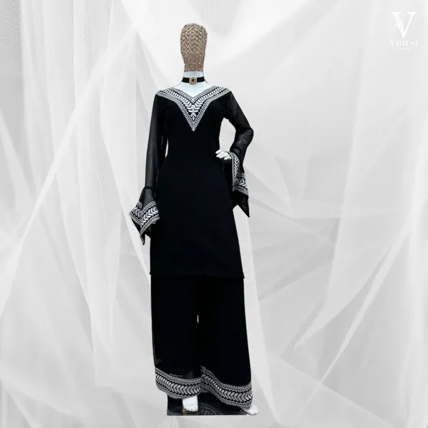 Black_Embroidered_Chiffon_Kaftan_Set_With_Printed_Pants