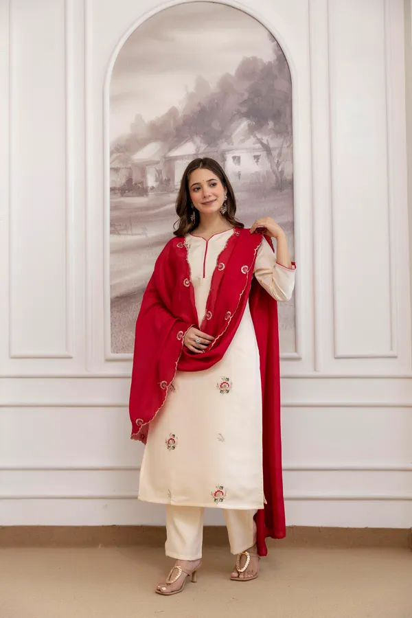 Off-White_Embroidered_Kurta_Set_With_Red_Dupatta_For_Women