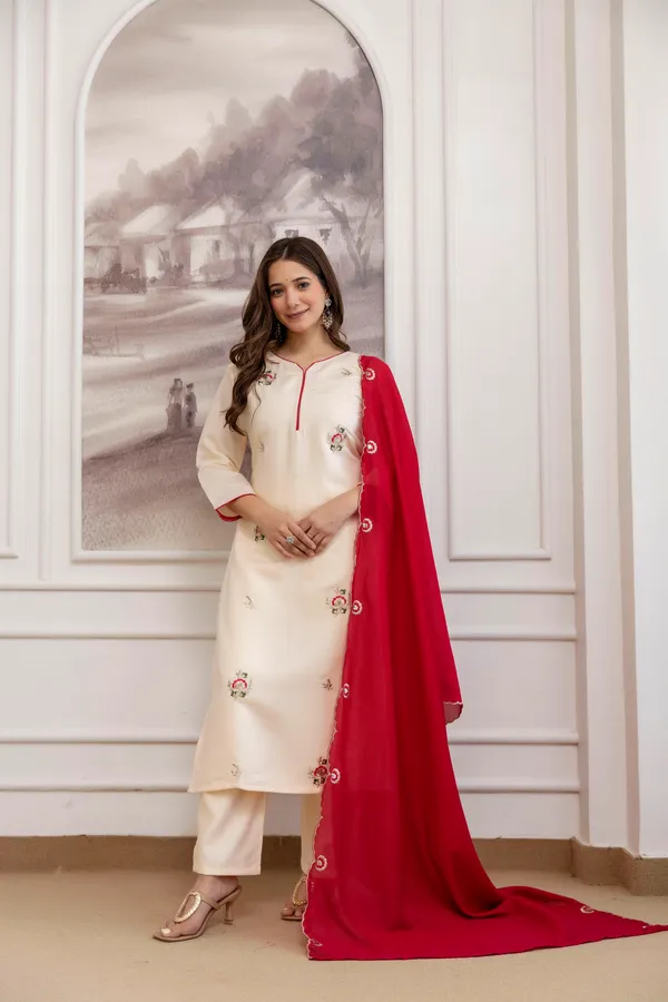 Off-White_Embroidered_Kurta_Set_With_Red_Dupatta_For_Women