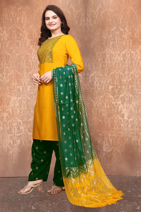 Yellow_Cotton_Embroidered_Kurta_With_Green_Patiala_Set_For_Women