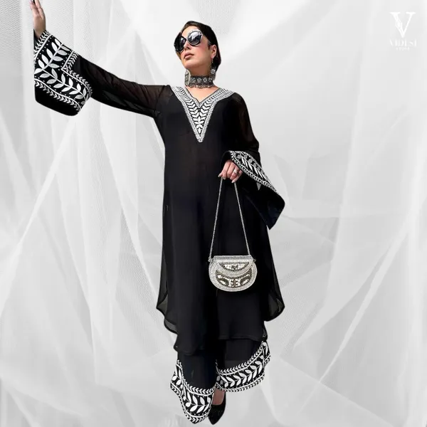 Black_Embroidered_Chiffon_Kaftan_Set_With_Printed_Pants