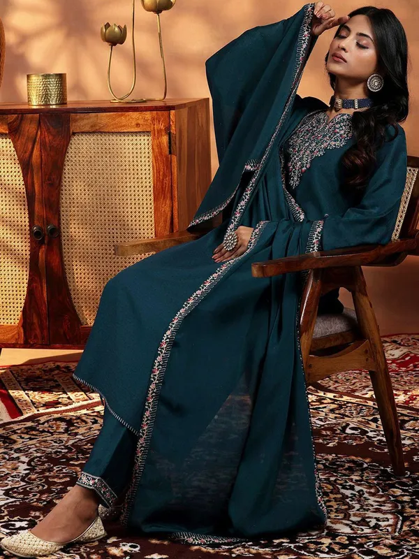 Teal_Embellished_Kurta_Set_With_Dupatta_For_Women