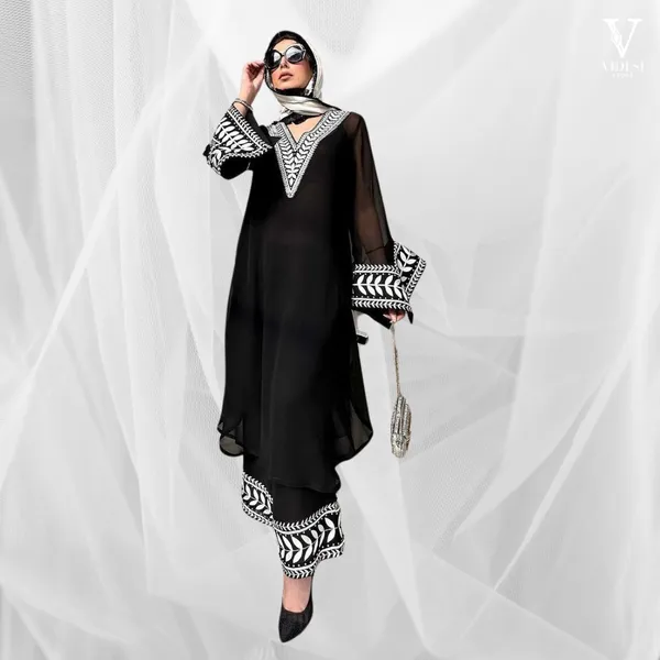 Black_Embroidered_Chiffon_Kaftan_Set_With_Printed_Pants