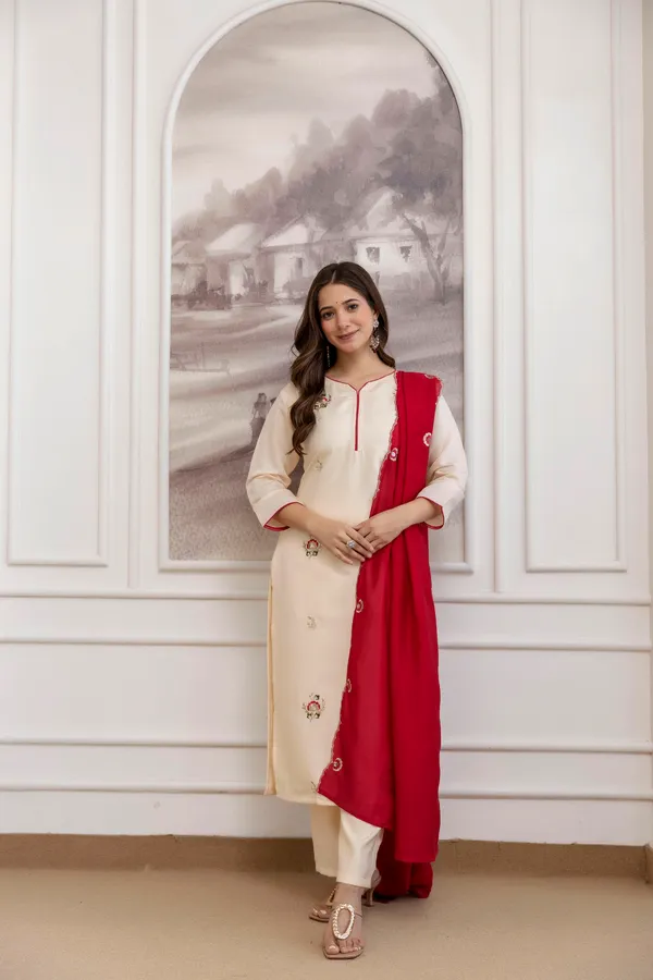 Off-White_Embroidered_Kurta_Set_With_Red_Dupatta_For_Women