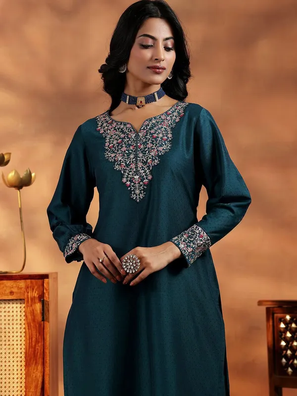 Teal_Embellished_Kurta_Set_With_Dupatta_For_Women