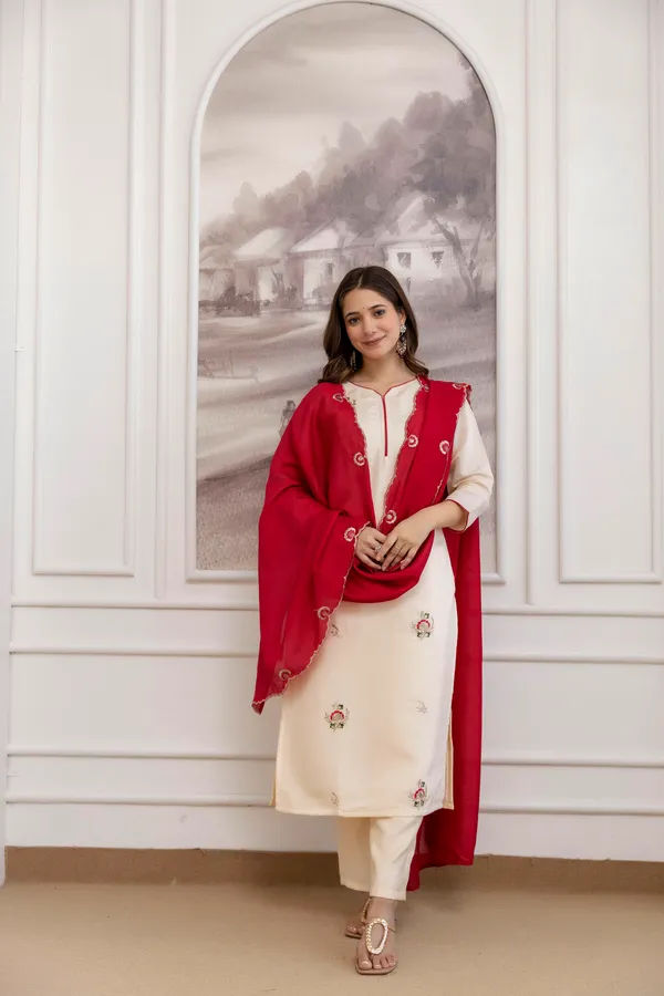 Off-White_Embroidered_Kurta_Set_With_Red_Dupatta_For_Women