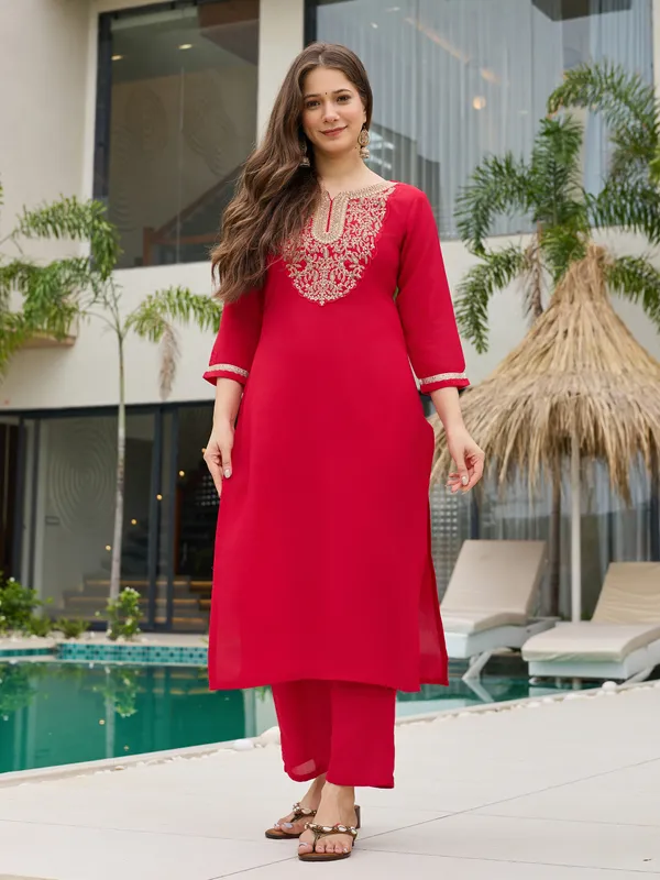 Red_Embroidered_Cotton_Kurta_Set_With_Pink_Dupatta_For_Women