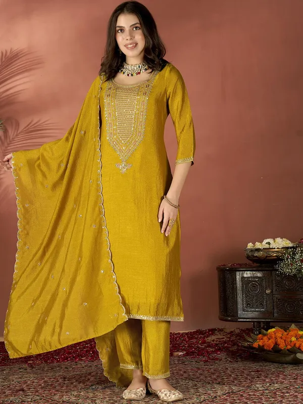 Mustard_Yellow_Silk_Embroidered_Kurta_Set_For_Women
