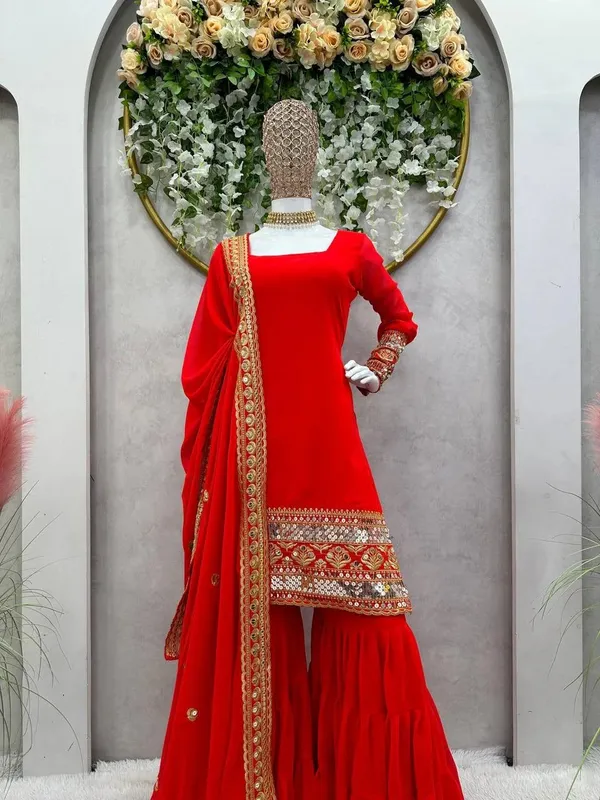 Red_Georgette_Embellished_Sharara_Suit_Set_For_Women