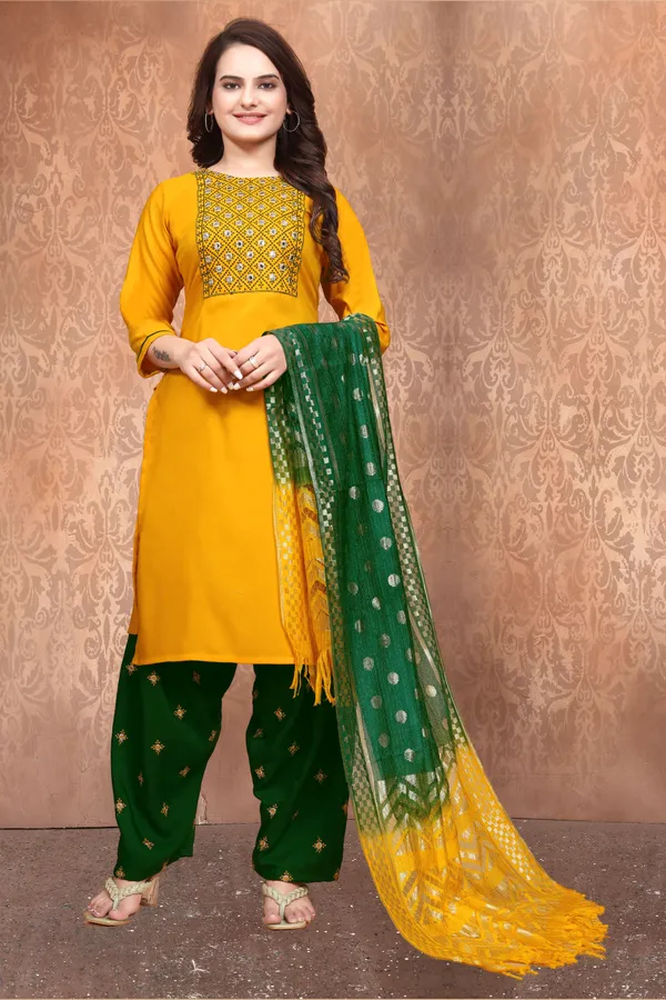 Yellow_Cotton_Embroidered_Kurta_With_Green_Patiala_Set_For_Women