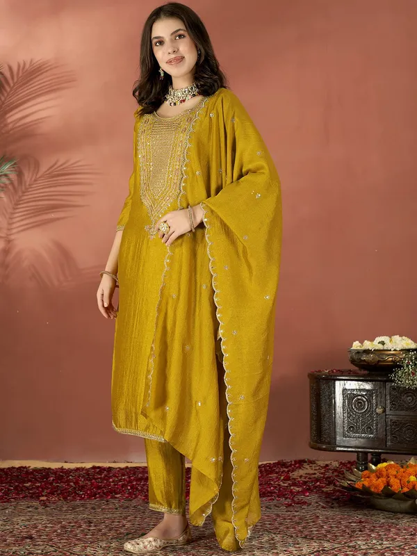 Mustard_Yellow_Silk_Embroidered_Kurta_Set_For_Women