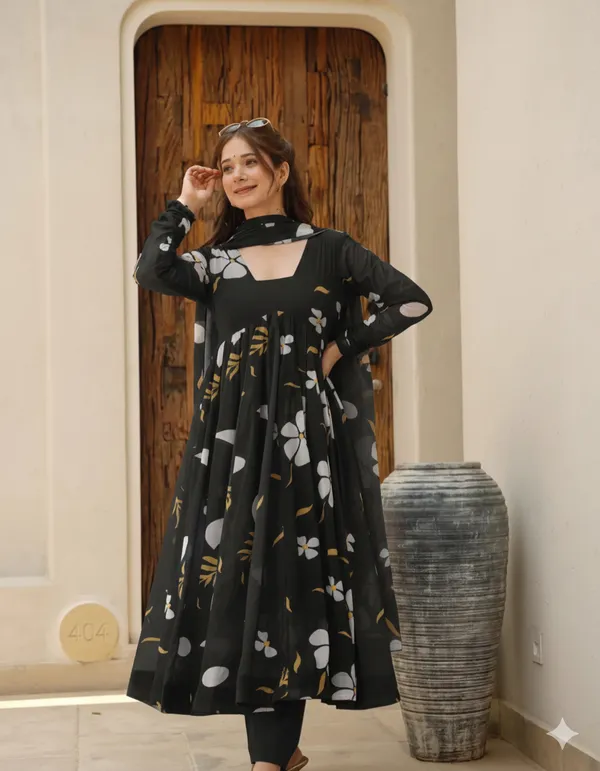 Black_Floral_Print_Anarkali_Kurta_Set_For_Women
