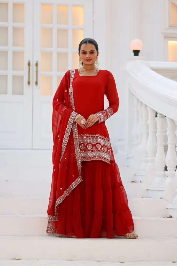Red_Georgette_Embroidered_Sharara_Suit_For_Women
