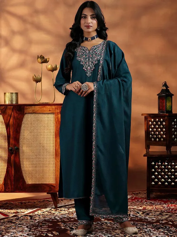Teal_Embellished_Kurta_Set_With_Dupatta_For_Women
