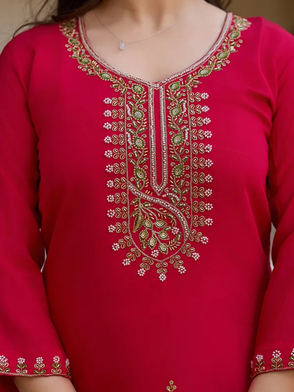 Red_Roman_Silk_Straight_Embroidered_Kurta_Set_For_Women