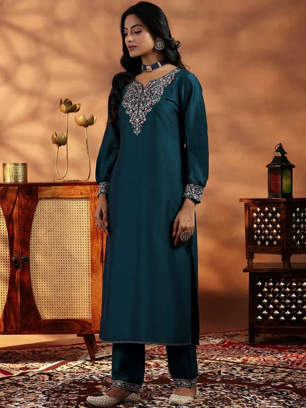 Teal_Embellished_Kurta_Set_With_Dupatta_For_Women