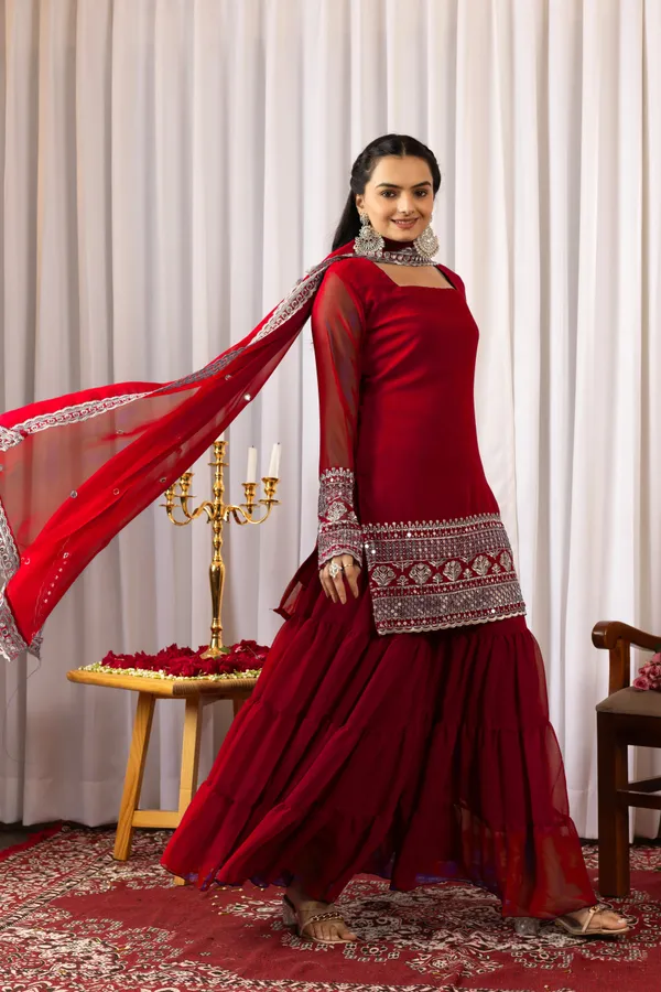 Red_Velvet_Embellished_Sharara_Set_For_Women