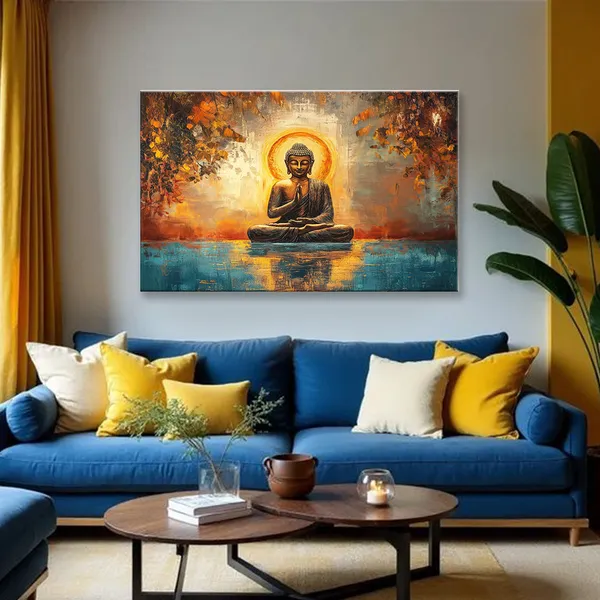 Tranquil_Praying_Buddha_Painting_Serene_Meditative_Canvas_With_Golden_Aura_Religious_Spiritual_God_Wall_Art_For_Spiritual_Home_Decor_And_Peaceful_Interiors_Stretched_Canvas_With_Mdf_Back_Frame_Classic
