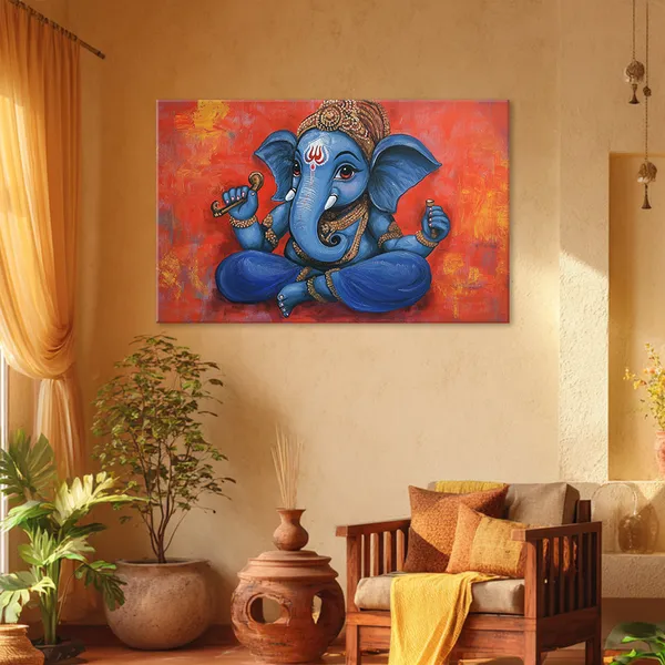 Vibrant_Blue_Ganesh_Ji_Painting_Spiritual_Decor_Canvas_Traditional_Hindu_Wall_Art_With_Orange_Background_For_Home_Mandir_Gifting_Stretched_Canvas_With_Mdf_Back_Frame_Classic