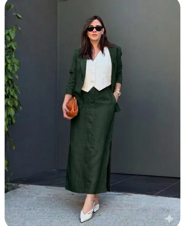 Bottle_Green_Cotton_Linen_With_Skirt_Blazer_Set_For_Women