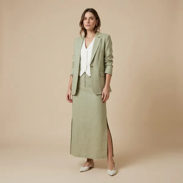 Dusty_Olive_Green_Linen_Skirt_Blazer_Set_For_Women