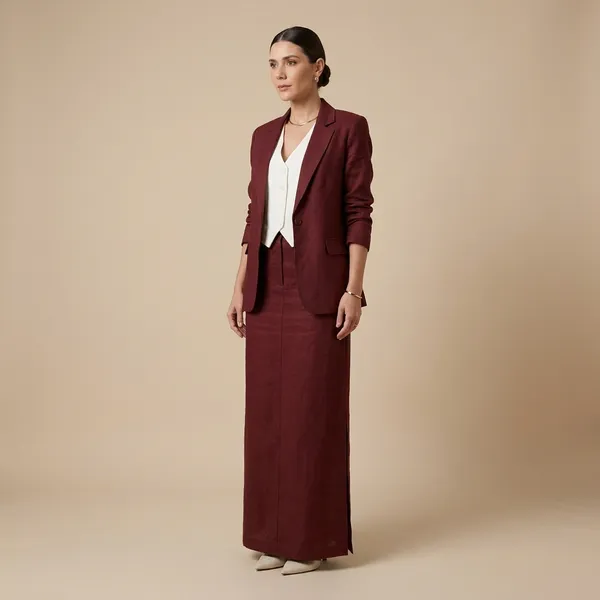 Wine_Cotton_Linen_Blazer_Set_For_Women
