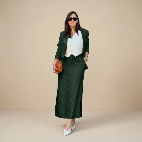 Bottle_Green_Cotton_Linen_With_Skirt_Blazer_Set_For_Women