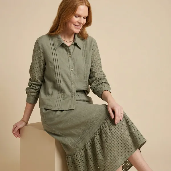 Olive_Green_Cotton_Linen_With_Schiffli_Skirt_Co-Ord_Set_For_Women