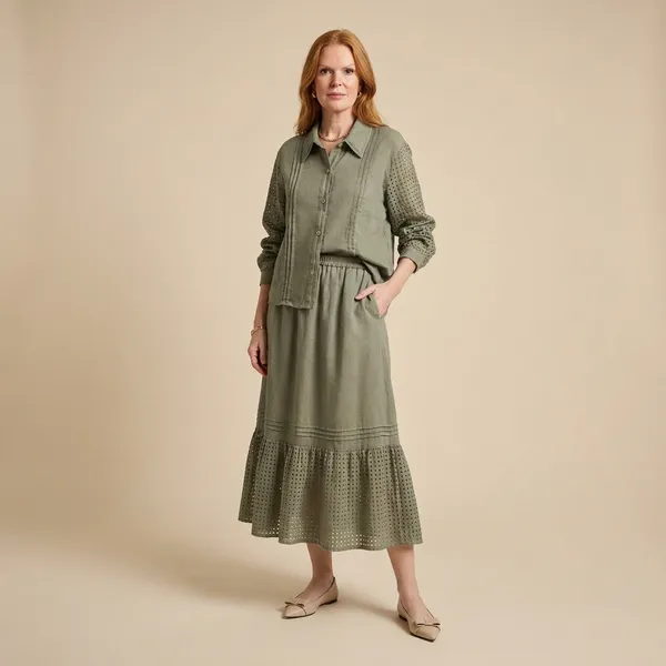 Olive_Green_Cotton_Linen_With_Schiffli_Skirt_Co-Ord_Set_For_Women
