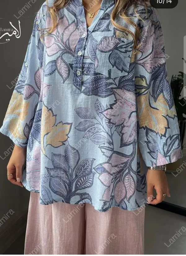 Blue_Cotton_Linen_Printed_Shirt_For_Women