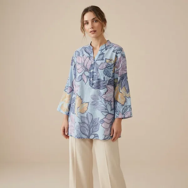Blue_Cotton_Linen_Printed_Shirt_For_Women