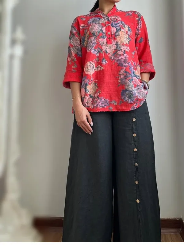 Red_Cotton_Linen_Printed_Shirt_For_Women
